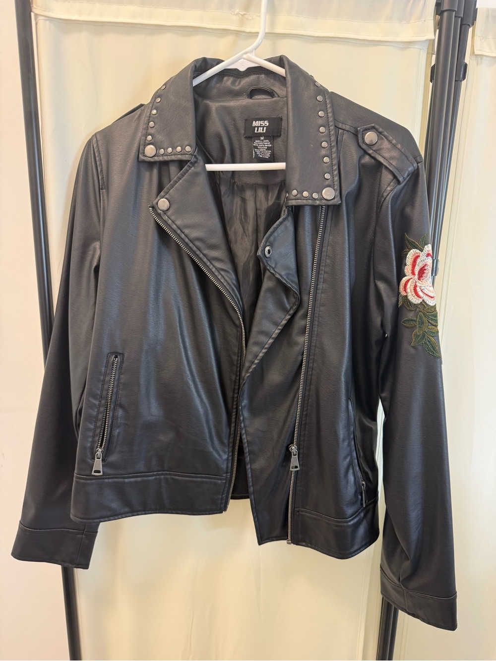 Miss Lili Black Faux Leather Studded Moto Jacket with Floral Embroidered Sleeve